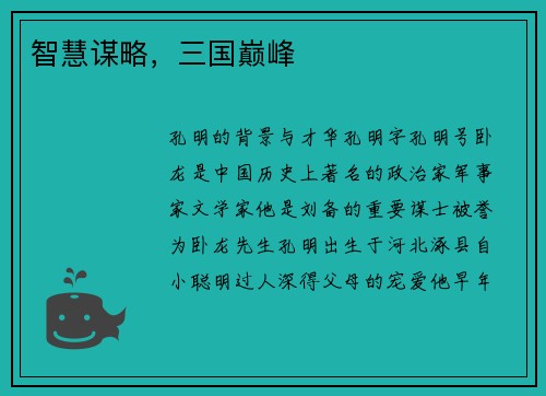 智慧谋略，三国巅峰
